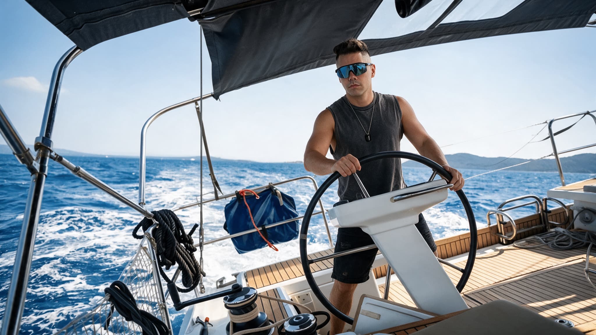 Luca Larice al timó d'un veler